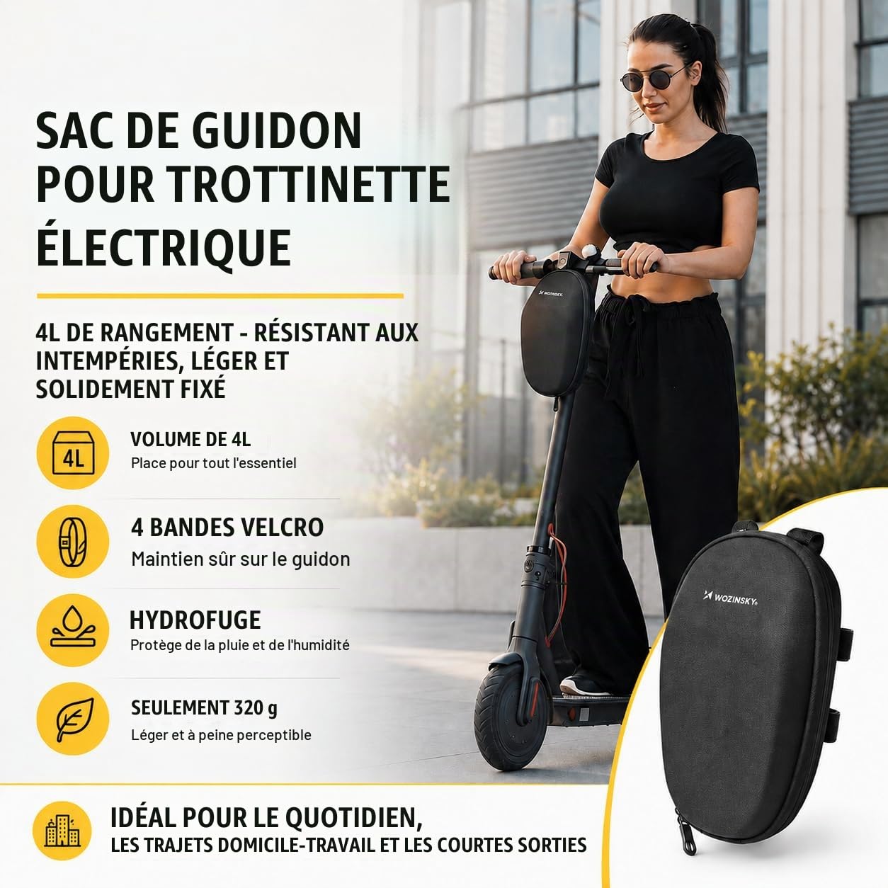 Wozinsky Sac Guidon Trottinette Étanche 6L Noir