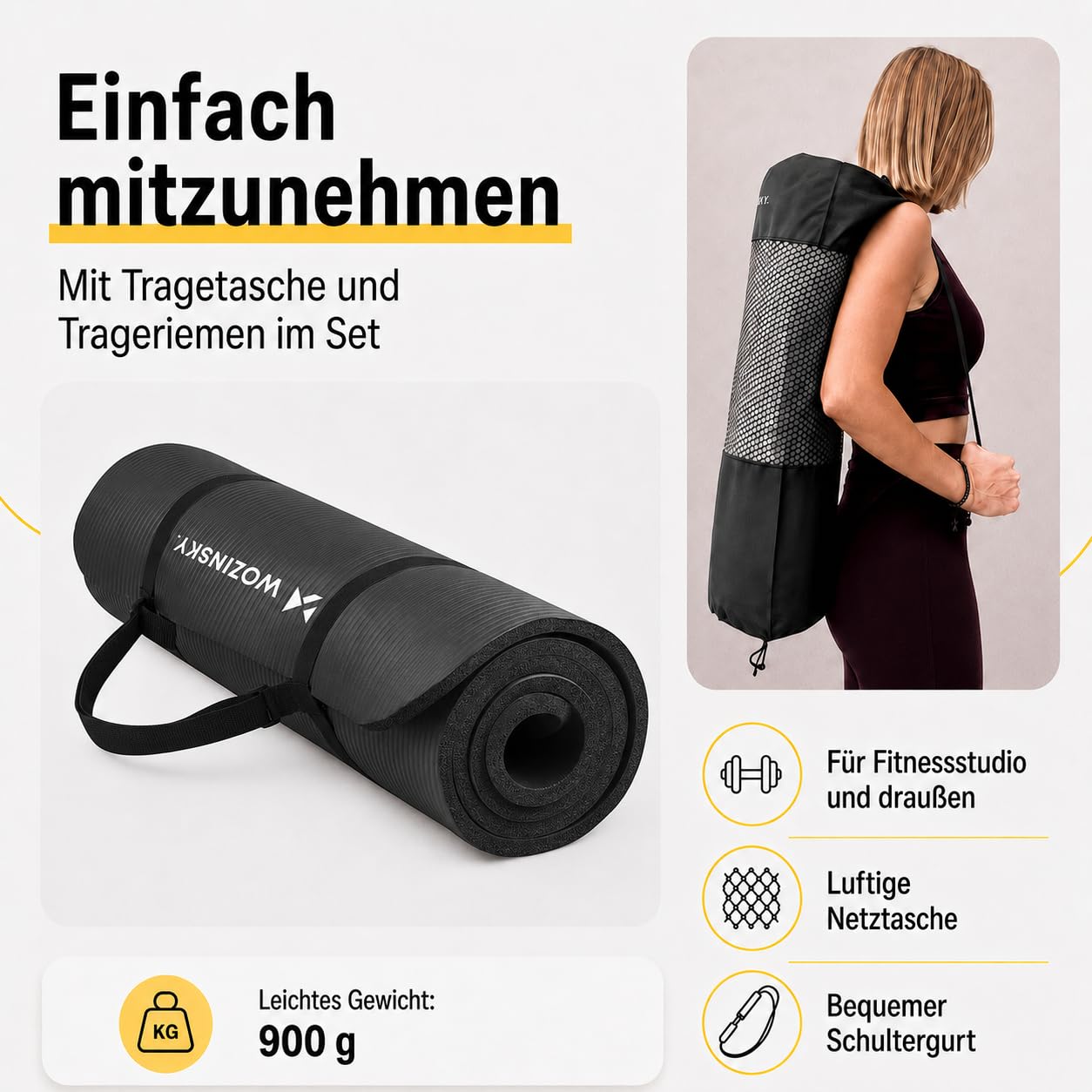 Wozinsky Tapis Fitness 181 cm Tapis de Yoga Noir 1 cm Antidérapant