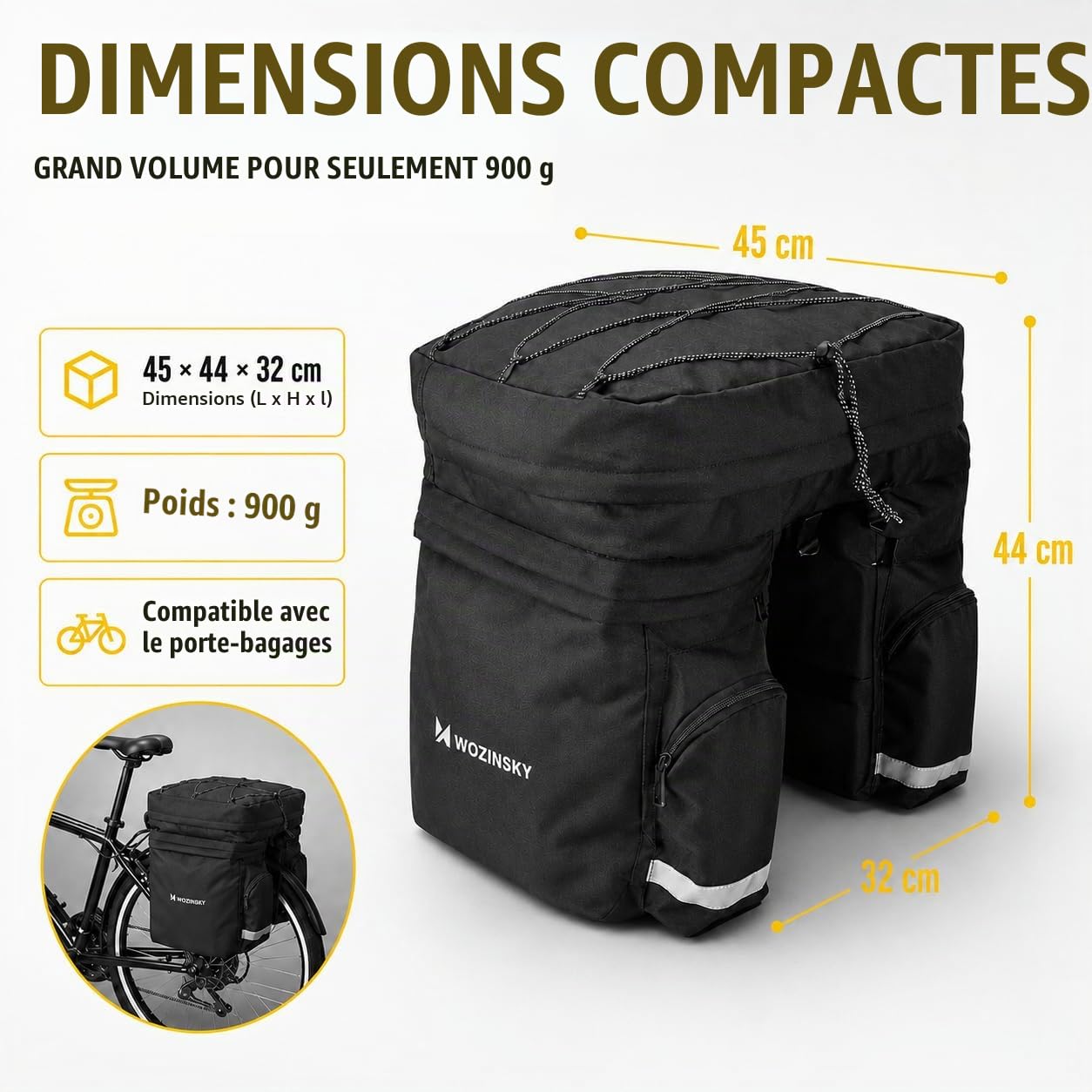 Wozinsky sacoche vélo porte-bagages 60L noir étanche
