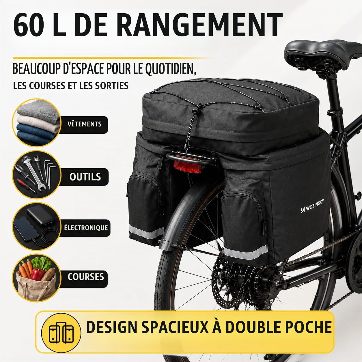 Wozinsky sacoche vélo porte-bagages 60L noir étanche