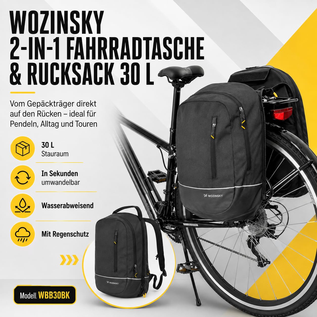 Wozinsky Sacoche Porte-Bagages 2 en 1 Étanche 30 L Noire