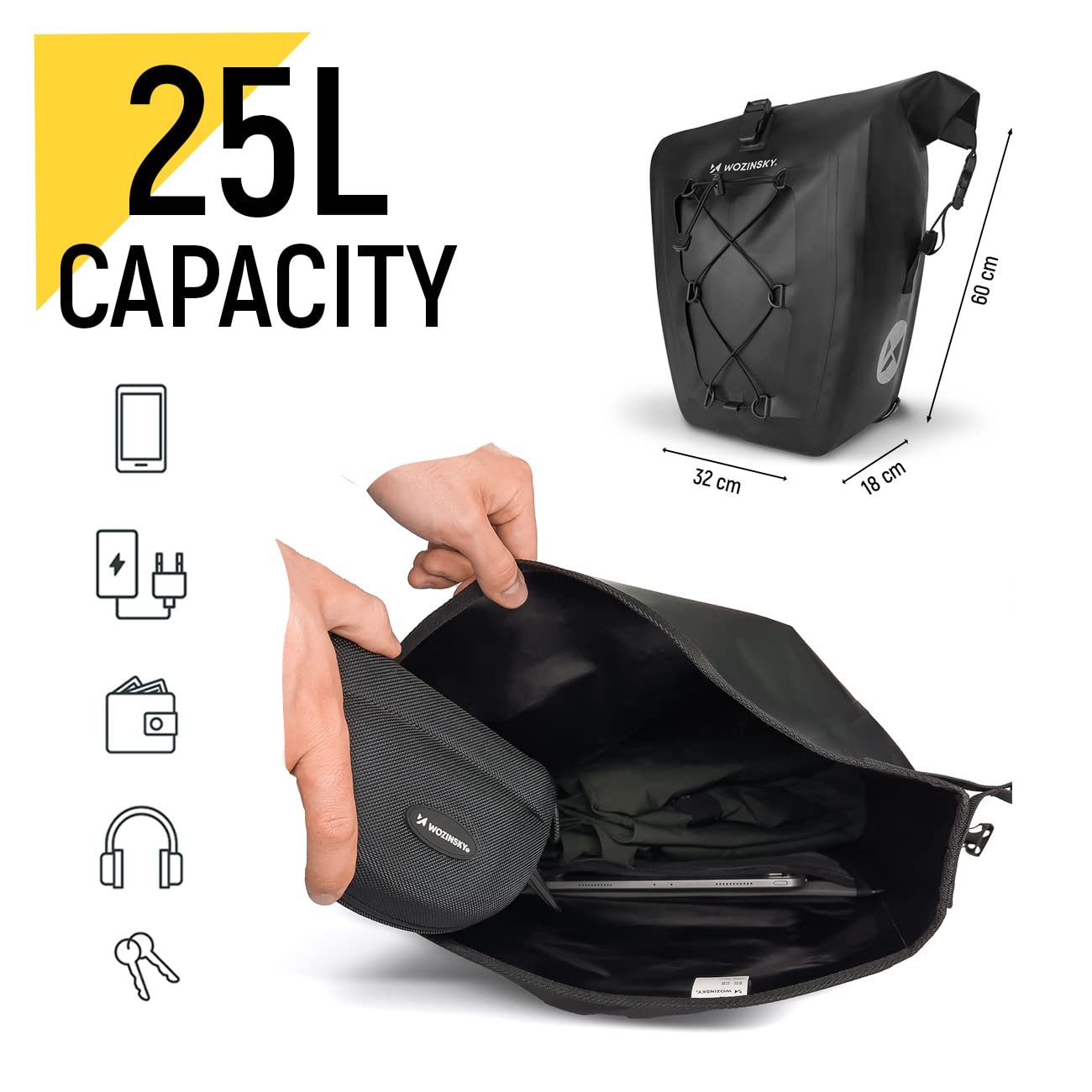 Wozinsky Sacoche Vélo Étanche 25L Noire