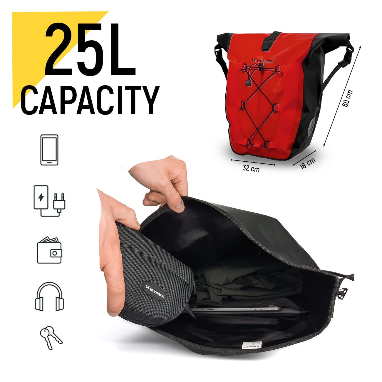 Wozinsky sacoche voyage étanche porte-bagages 25L rouge