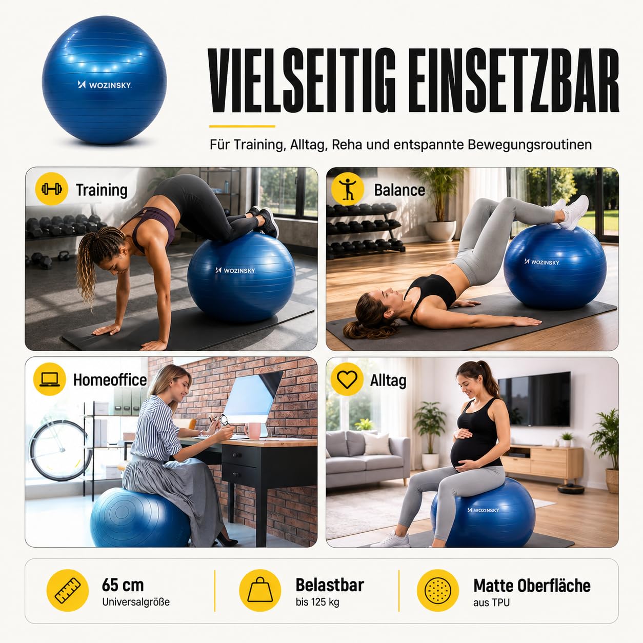 Wozinsky ballon gymnastique 65 cm bleu avec pompe