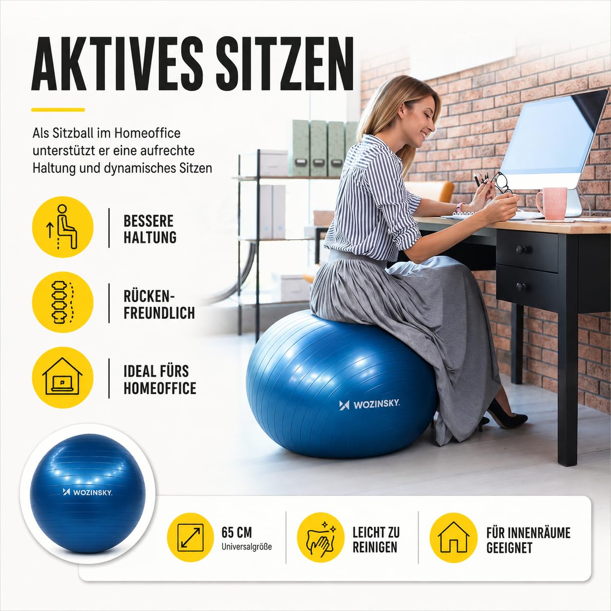 Wozinsky ballon gymnastique 65 cm bleu avec pompe