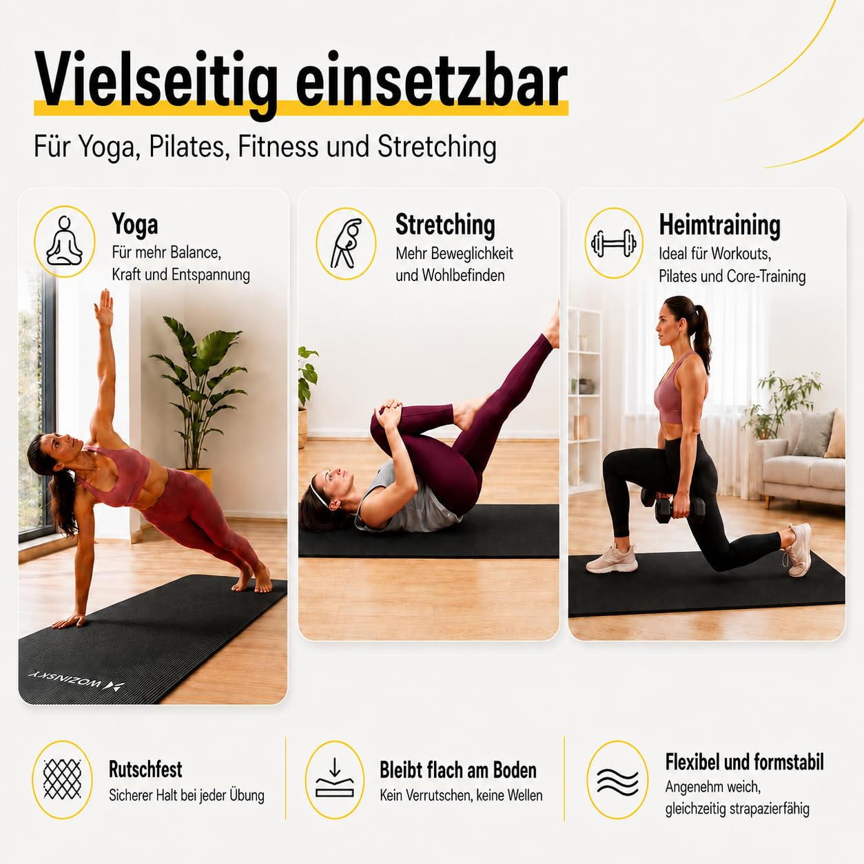 Wozinsky Tapis Fitness 181 cm Tapis de Yoga Noir 1 cm Antidérapant