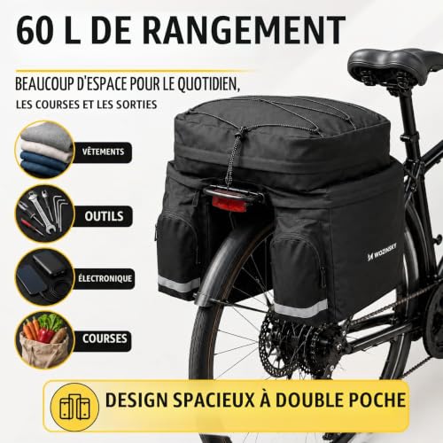 Wozinsky sacoche vélo porte-bagages 60L noir étanche