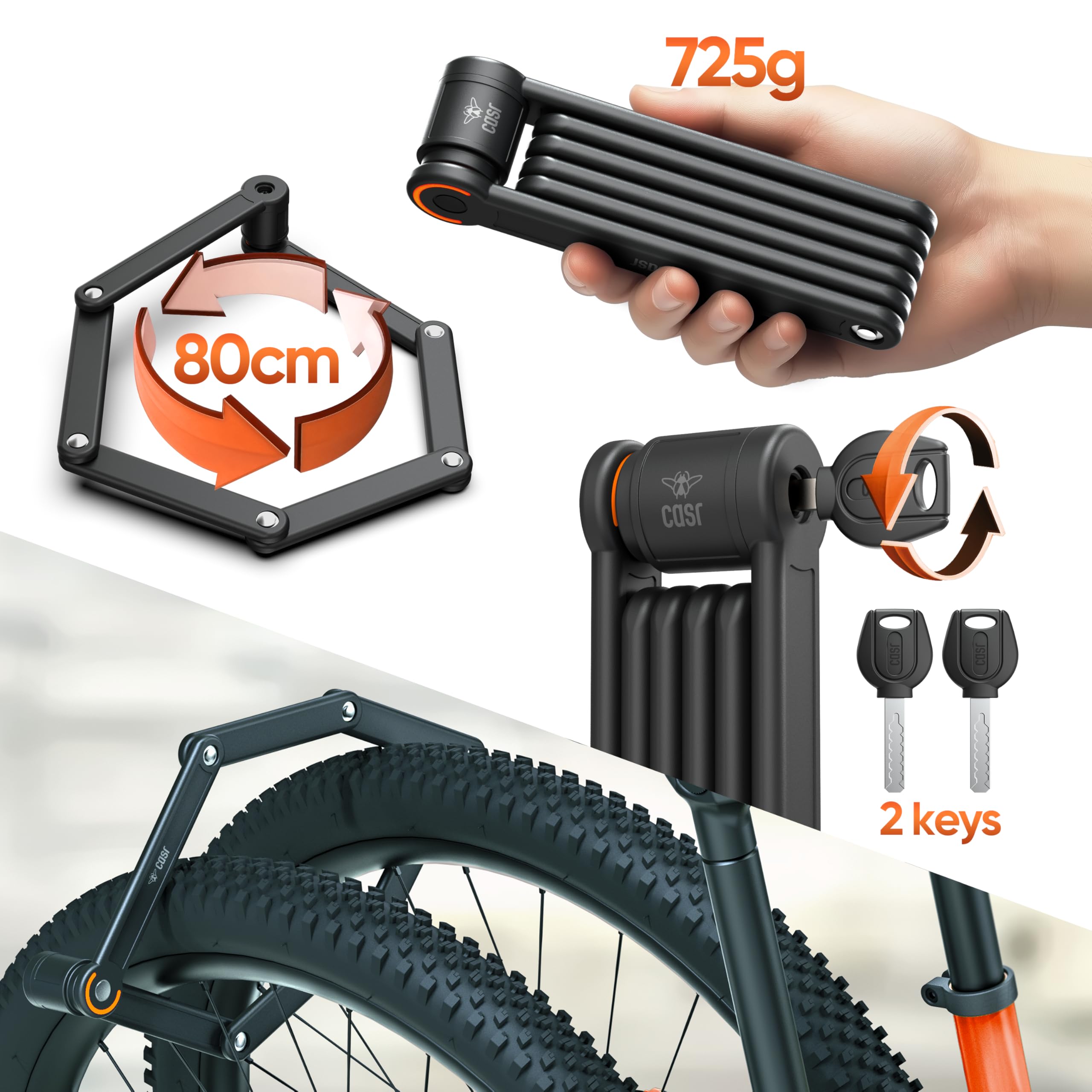 CASR Antivol Vélo Pliable cadenas 80 cm acier trempé