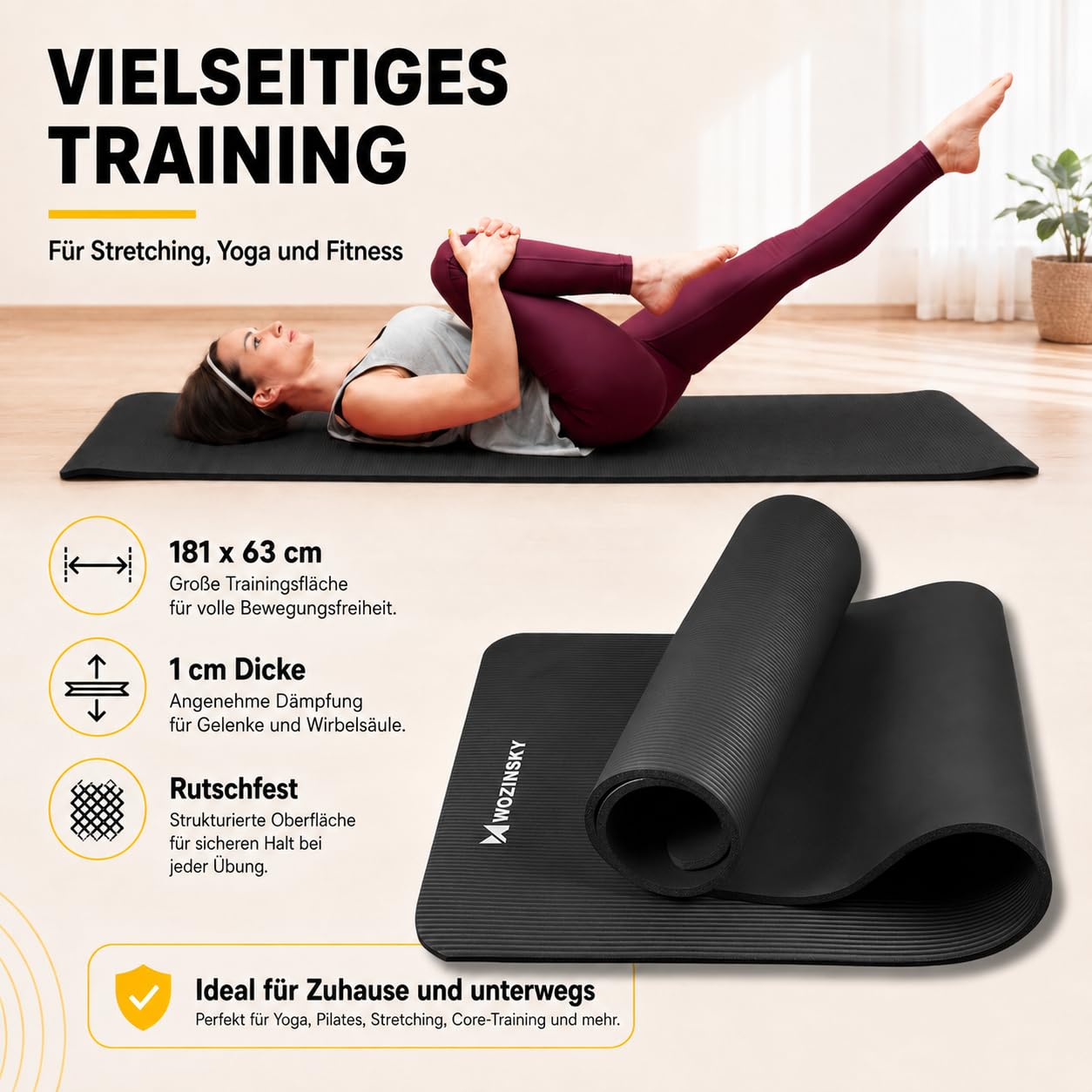 Wozinsky Tapis Fitness 181 cm Tapis de Yoga Noir 1 cm Antidérapant