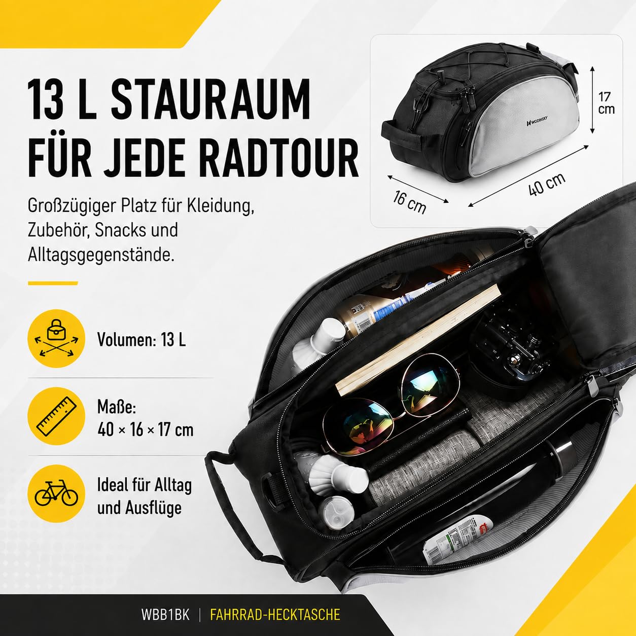 Wozinsky Sacoche Porte-Bagages Vélo 13L Noir Étanche