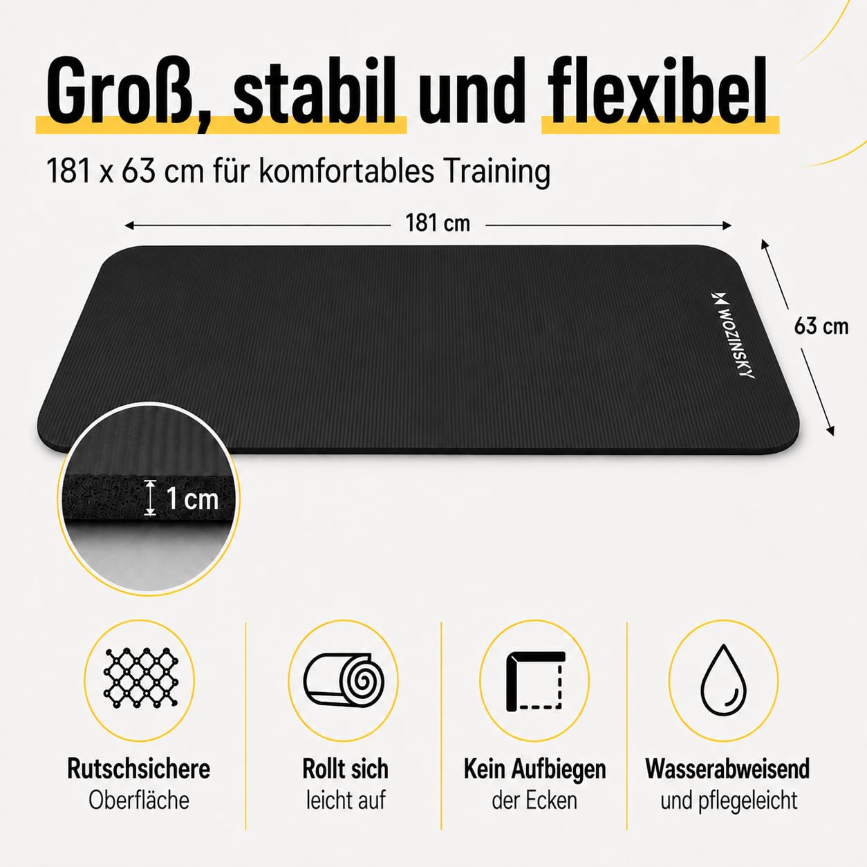 Wozinsky Tapis Fitness 181 cm Tapis de Yoga Noir 1 cm Antidérapant