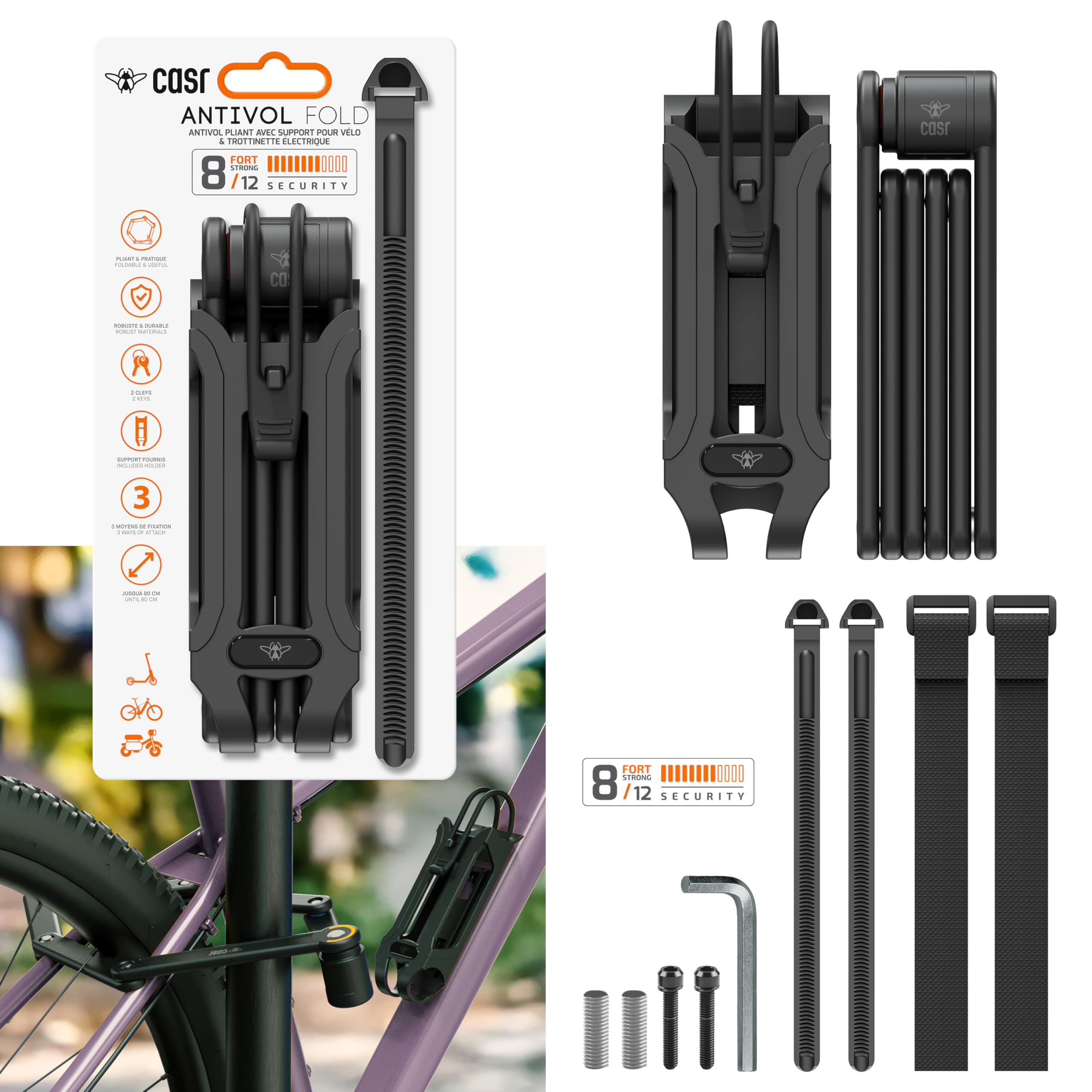 CASR Antivol Vélo Pliable cadenas 80 cm acier trempé
